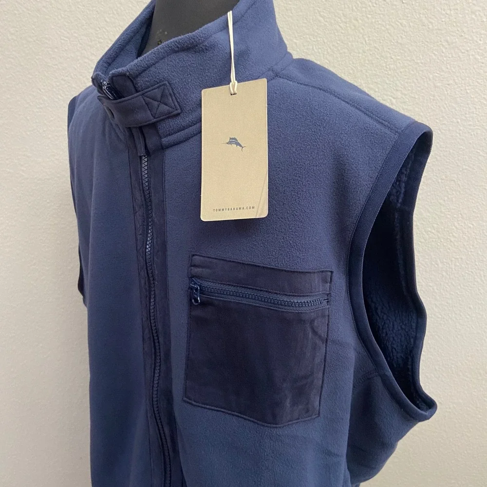 Tommy Bahama Men's L Olypmic Bay Fleece‎ Vest Navy Blue Full Zip Sherpa Lined
